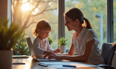 Femme d'affaires dans un bureau moderne avec un enfant