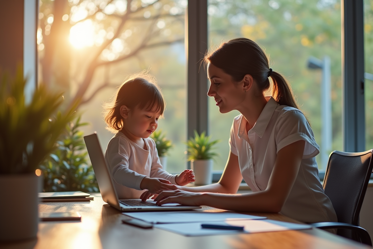 Femme d'affaires dans un bureau moderne avec un enfant