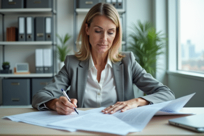 Femme d affaires assise au bureau remplissant des formulaires