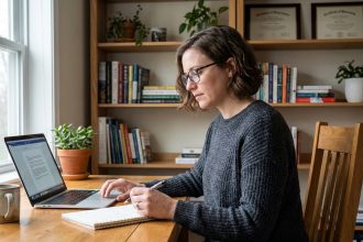 Femme en home office travaillant sur son ordinateur