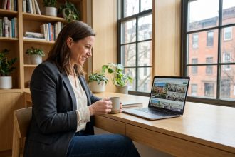 Femme souriante dans un bureau moderne en immobilier