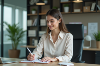 Jeune femme au bureau prenant des notes en réunion