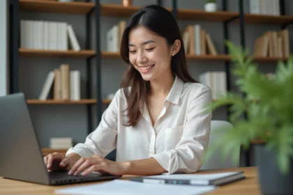 Femme au bureau moderne travaillant sur un ordinateur