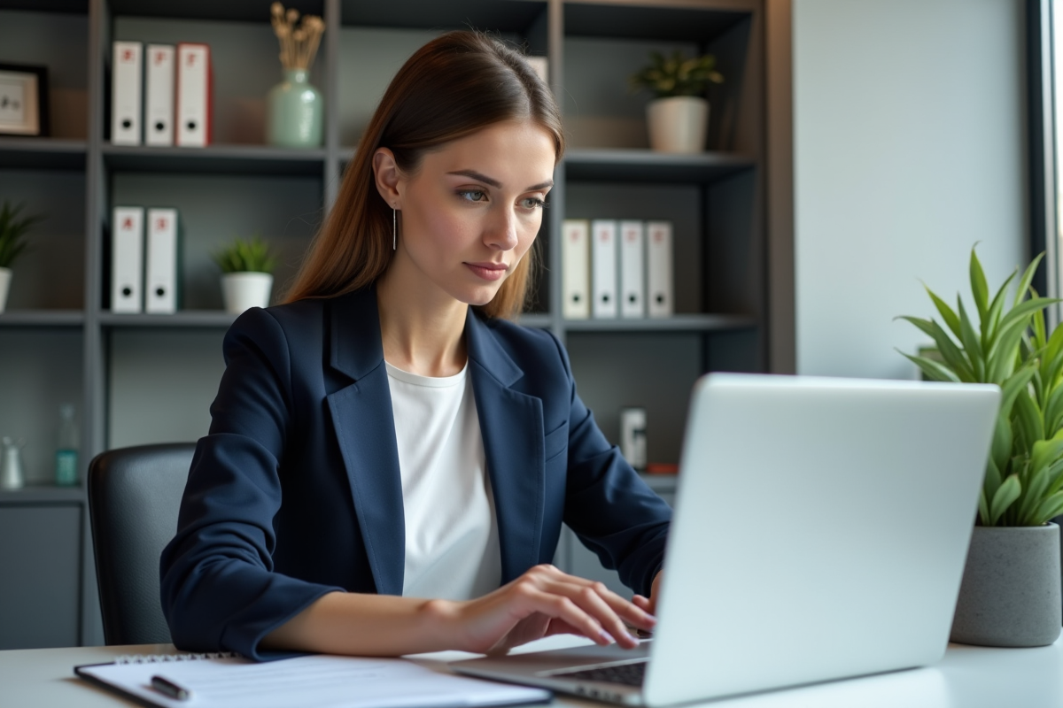 Femme professionnelle au bureau organisant des documents CPF