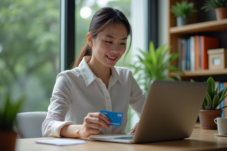 Femme au bureau utilisant un ordinateur et une carte CPF