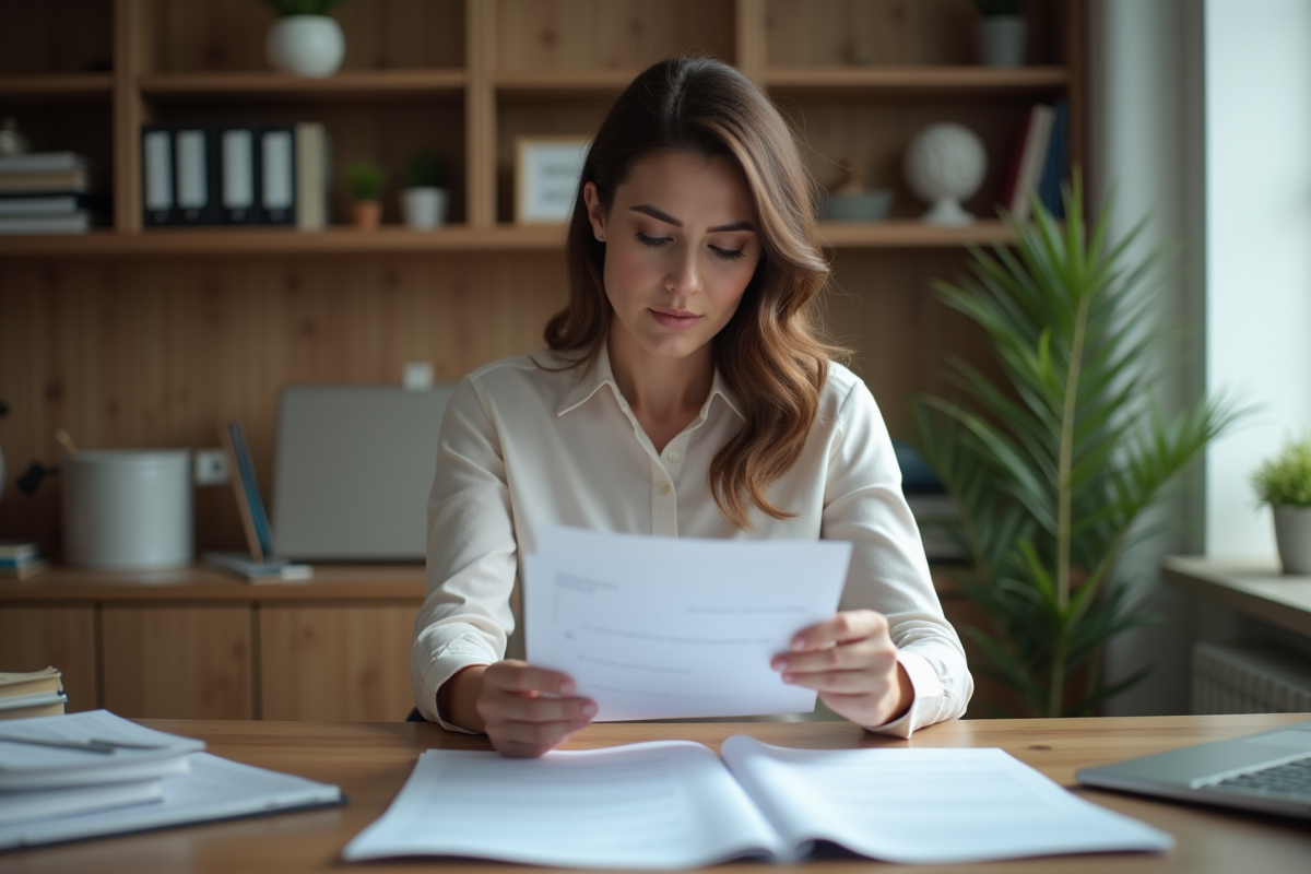 Femme au bureau organisé en train de lire des documents