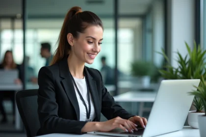 Femme professionnelle au bureau utilisant un portail sécurisé