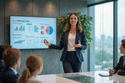 Femme d'affaires confiante devant tableau de stratégie digitale