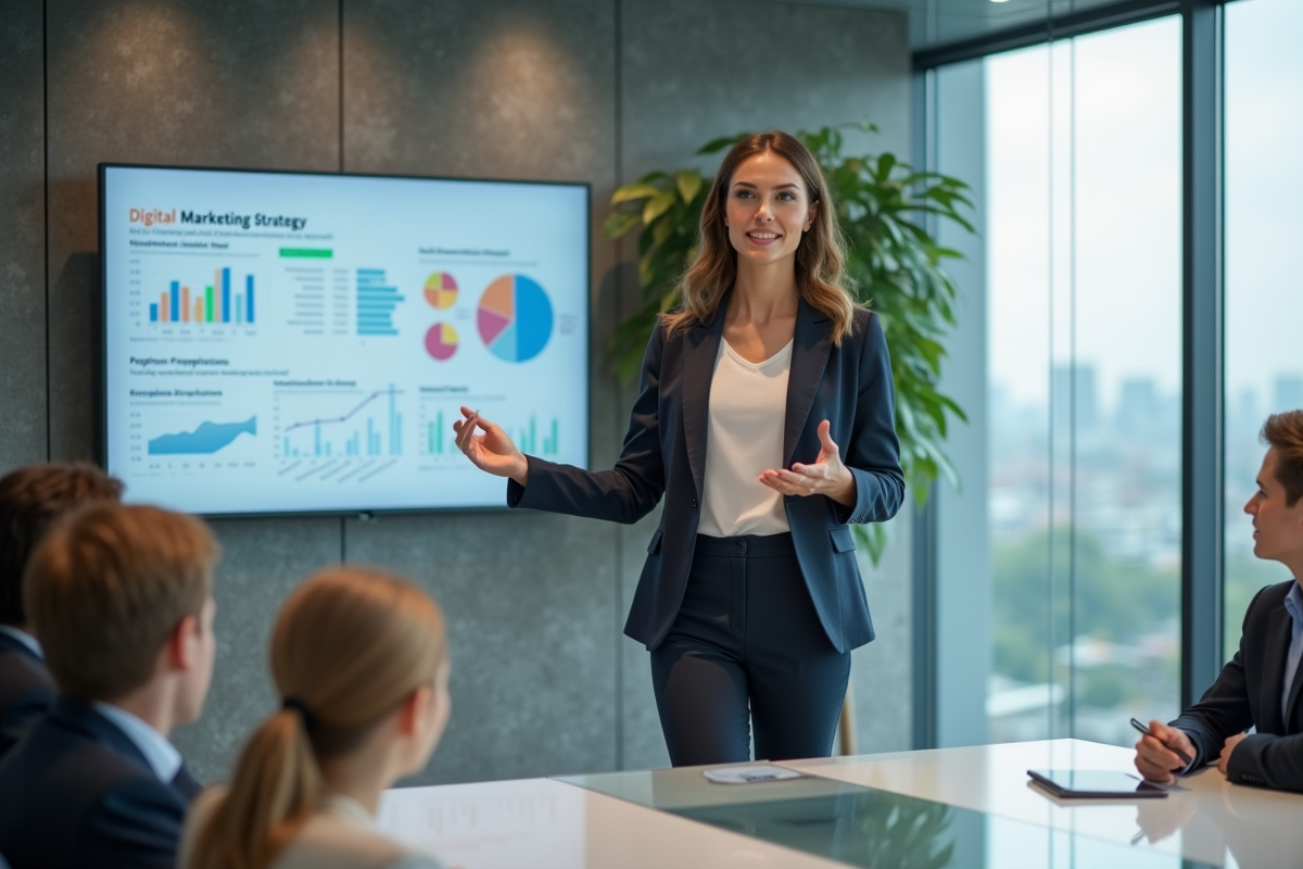 Femme d'affaires confiante devant tableau de stratégie digitale