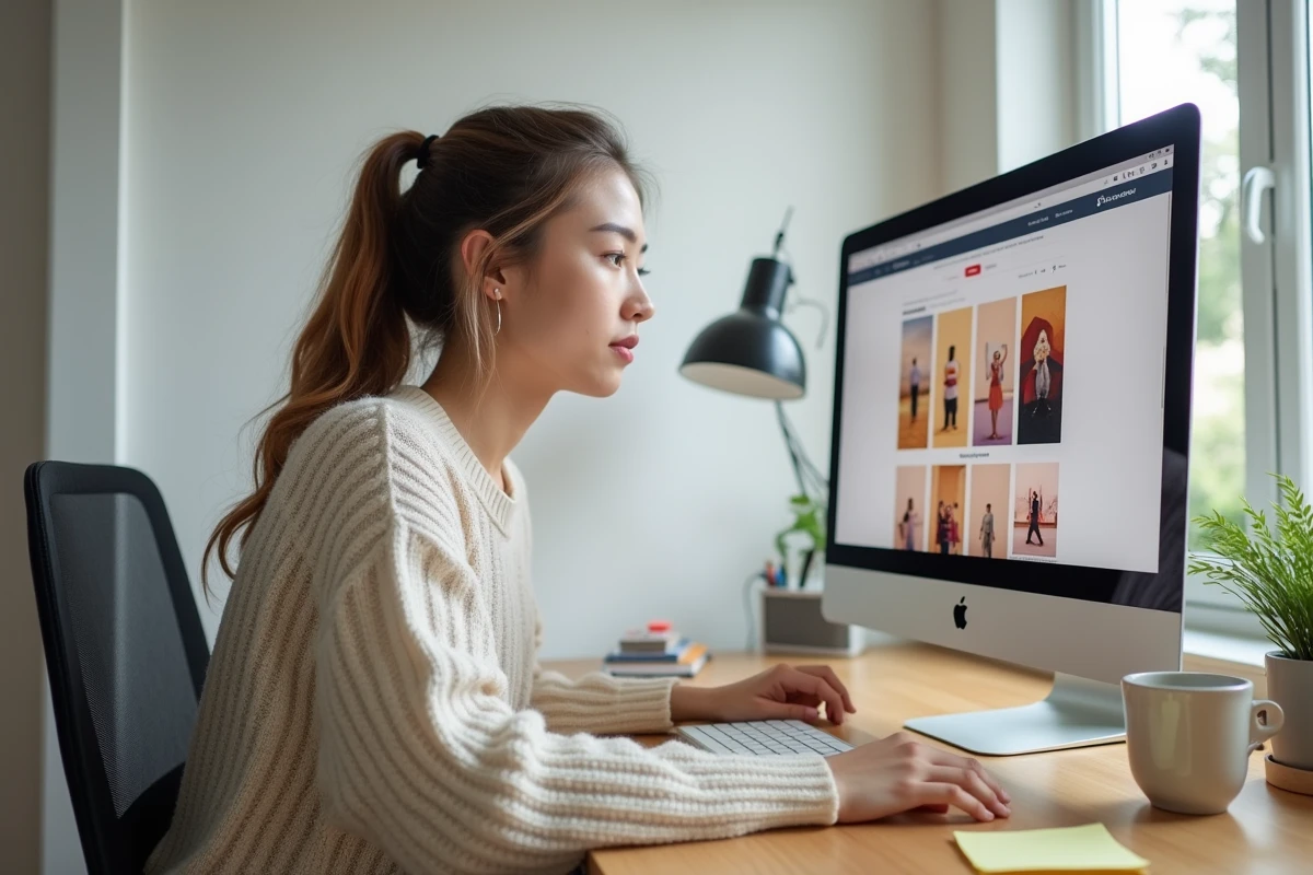 Jeune femme utilisant Canva sur un iMac pour créer un feed Instagram cohérent depuis son bureau à domicile