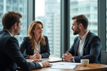 Femme d'âge moyen écoute un jeune homme au bureau