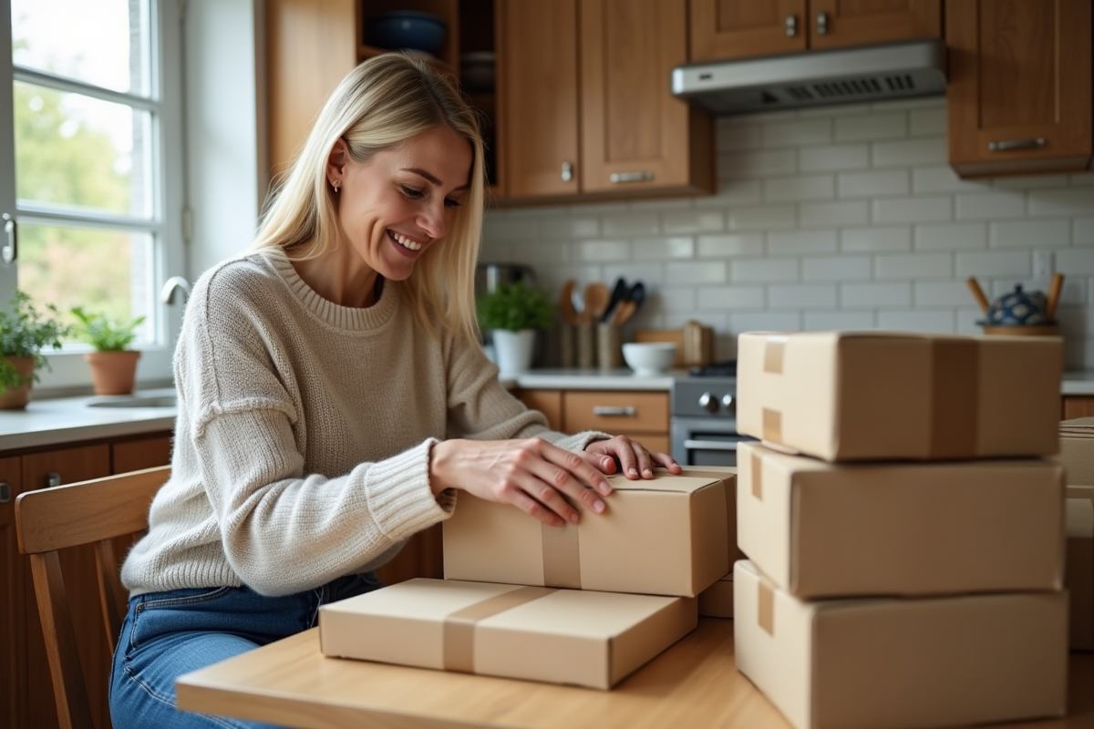 Femme dans sa cuisine préparant des colis avec soin