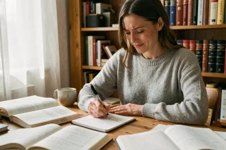 Femme concentrée étudiant la règle du subjonctif dans un carnet avec des livres de grammaire française ouverts sur un bureau en bois