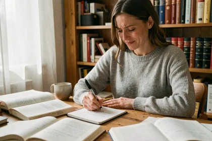 Femme concentrée étudiant la règle du subjonctif dans un carnet avec des livres de grammaire française ouverts sur un bureau en bois