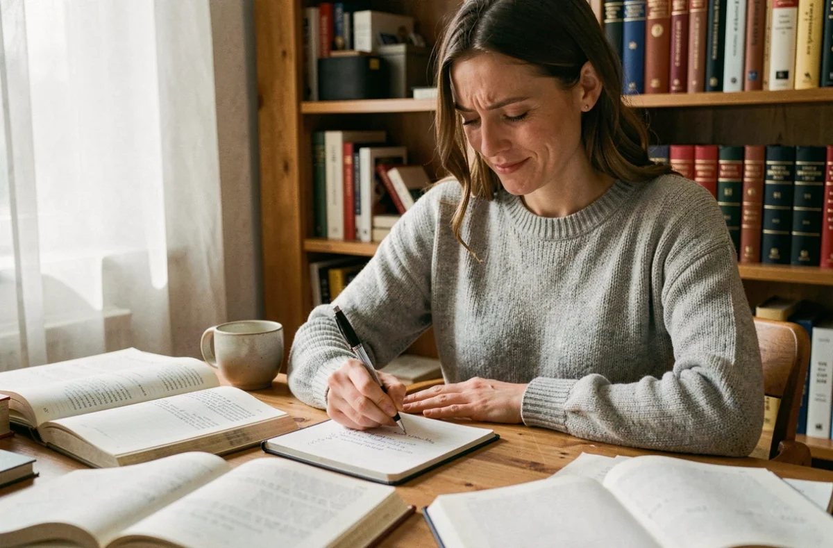 Femme concentrée étudiant la règle du subjonctif dans un carnet avec des livres de grammaire française ouverts sur un bureau en bois