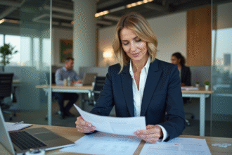 Femme d affaires analysant des documents financiers