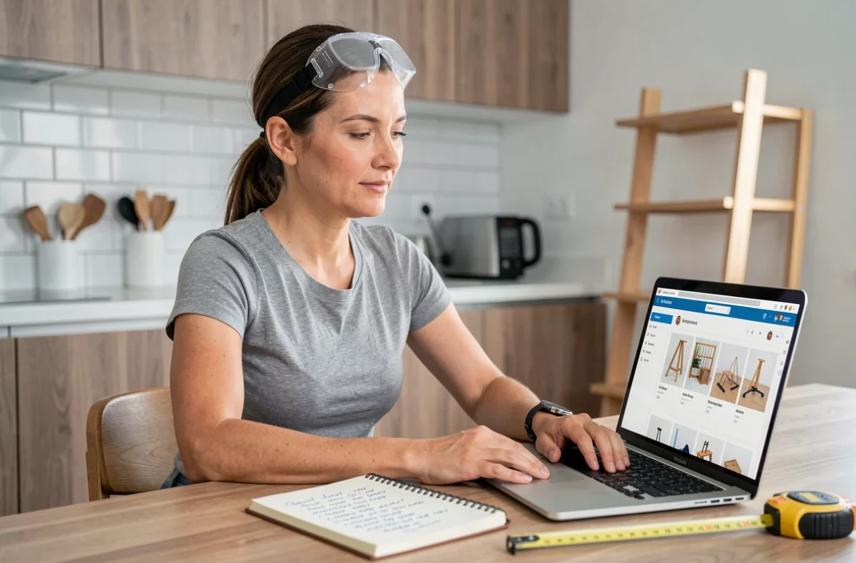 Femme suivant une formation bricolage en ligne sur ordinateur portable dans une cuisine moderne avec étagère à assembler en arrière-plan