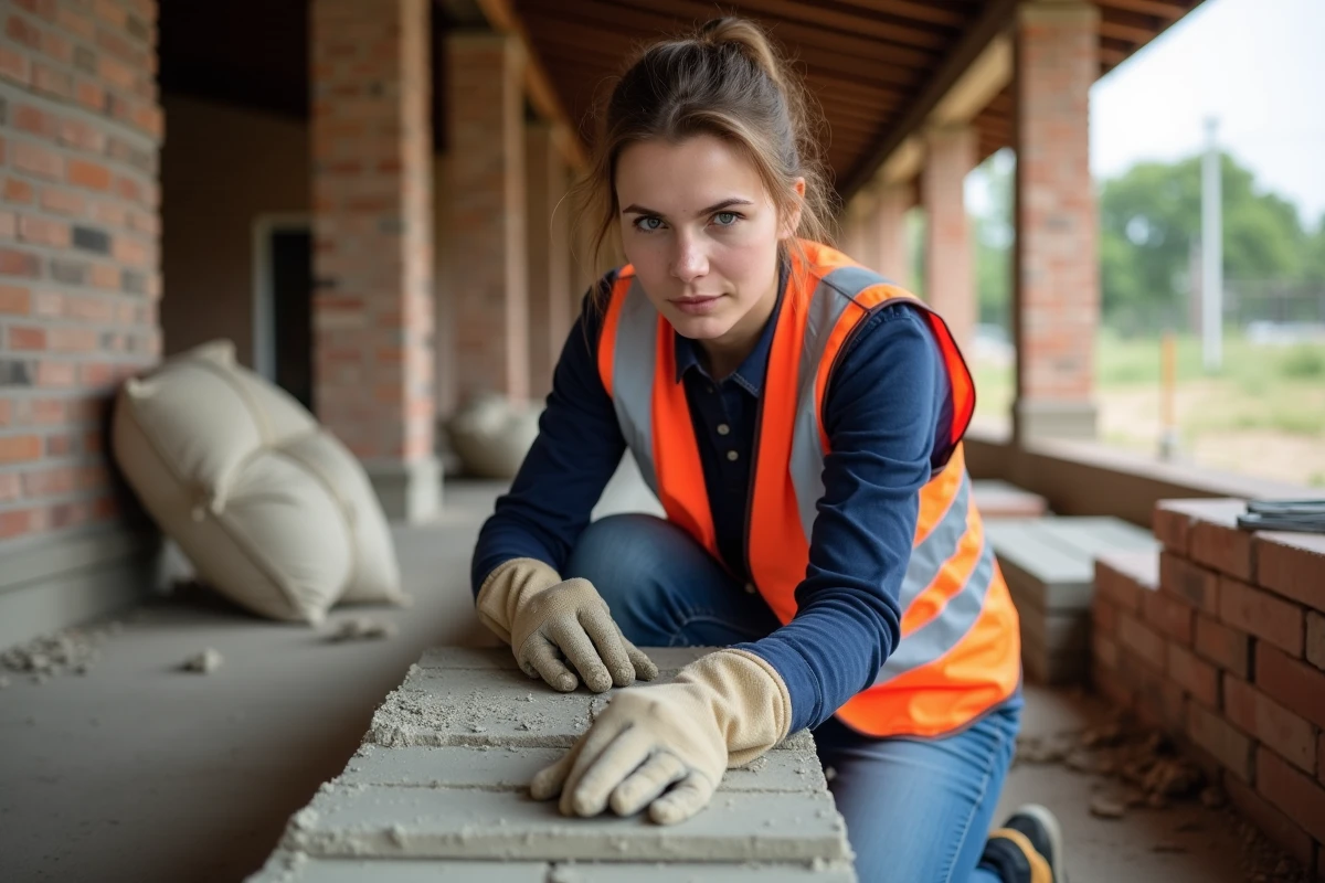 Femme en formation maçonnerie BTP posant des briques lors d'un atelier pratique de reconversion