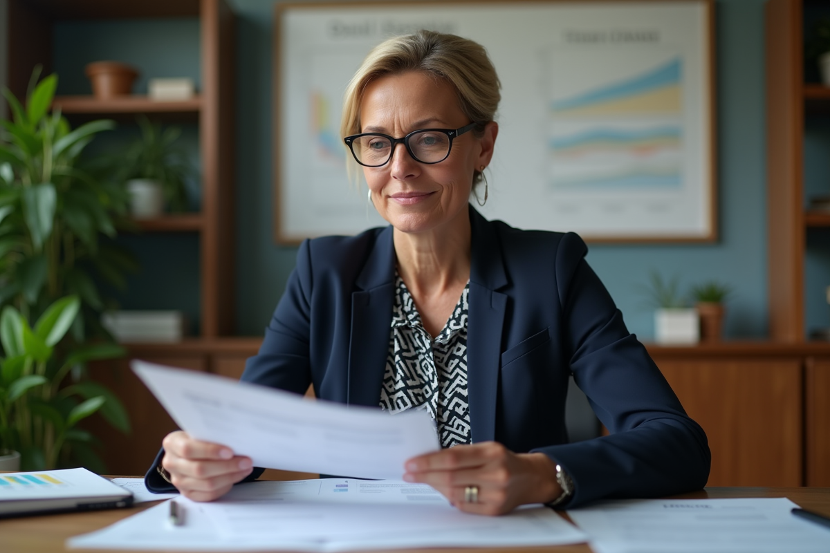 Femme gestionnaire évaluant des documents au bureau