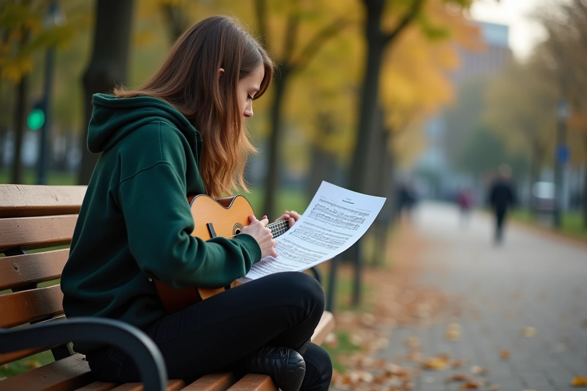 Femme étudiant une partition de guitare dans un parc
