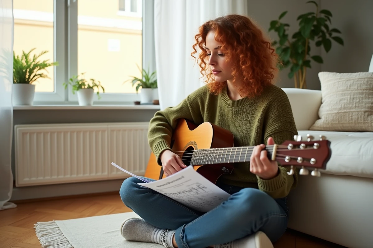 Femme à la guitare acoustique cherchant la tonalité idéale pour chanter Your Song d'Elton John