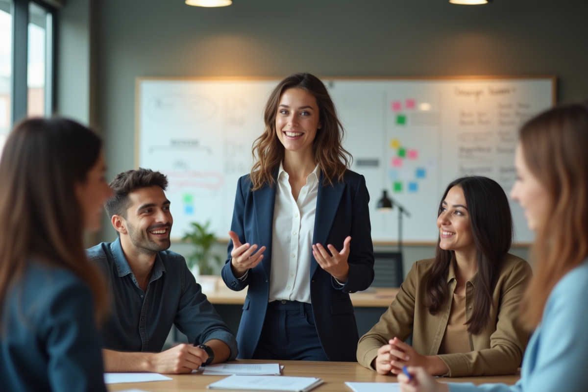 Jeune femme en réunion avec son équipe dans un espace de travail
