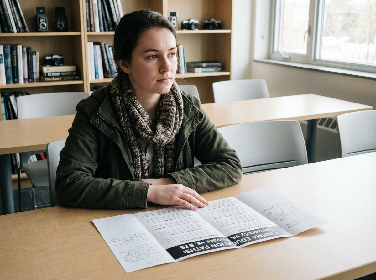 Jeune femme étudiant un brochure cinéma dans une salle moderne