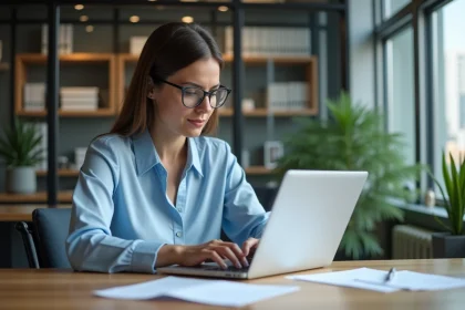 Femme en blouse bleue examine des dossiers juridiques