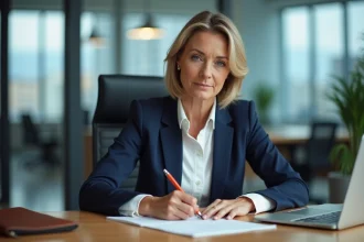 Femme manager rédigeant une lettre de recommandation professionnelle dans un bureau d'entreprise moderne