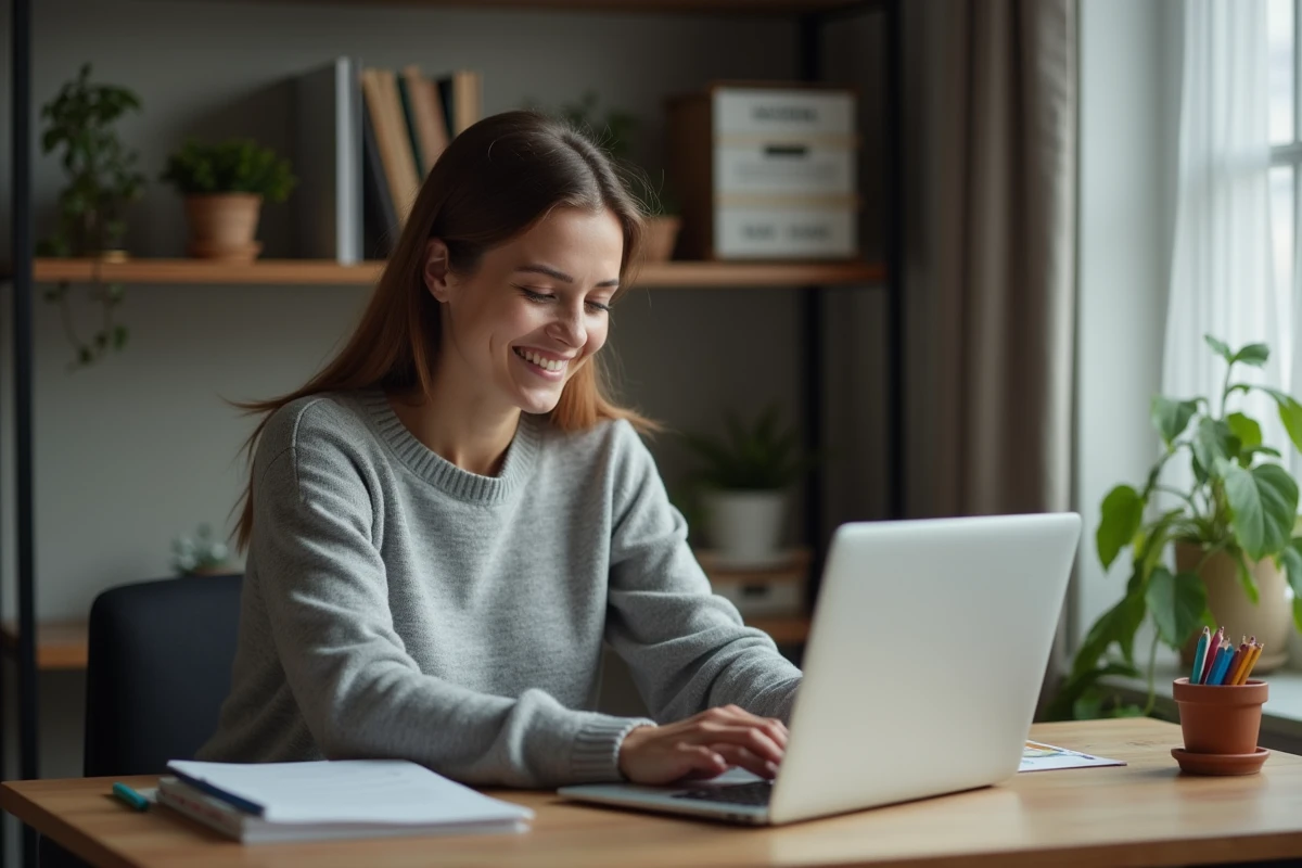 Femme adulte utilisant Moodle GRETA sur un ordinateur portable dans un bureau à domicile organisé