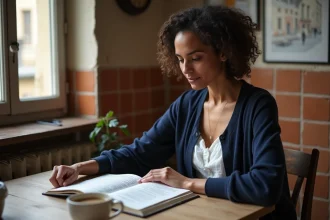 Femme étudiant un livret de questions pour préparer son examen de naturalisation française à la maison