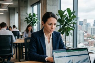 Femme professionnelle consultant des données de salaires sur un ordinateur portable dans un bureau moderne