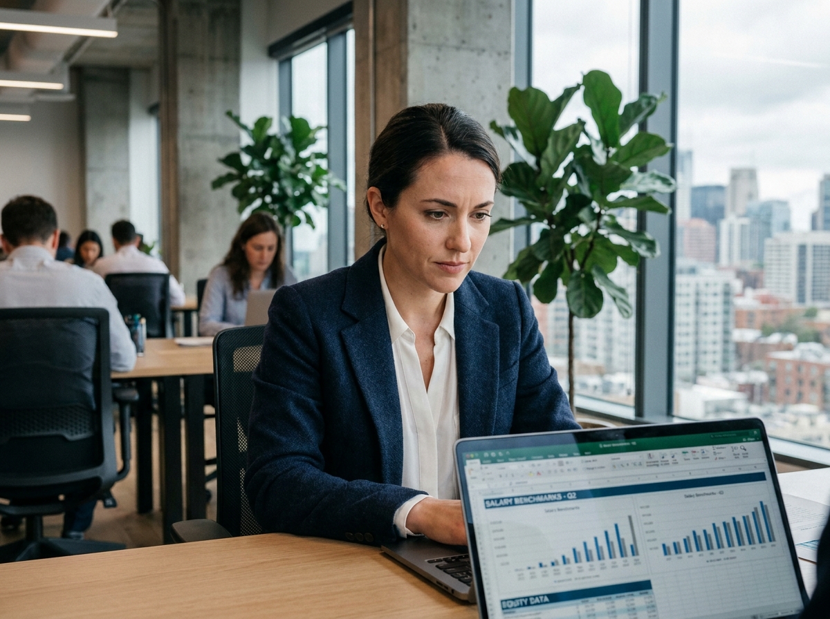 Femme professionnelle consultant des données de salaires sur un ordinateur portable dans un bureau moderne