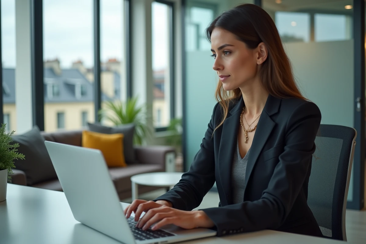 Femme en réunion vidéo dans un bureau parisien moderne