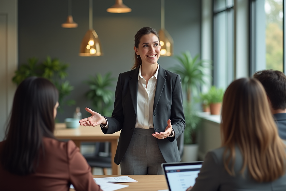 Femme professionnelle en réunion d'équipe dans un bureau moderne