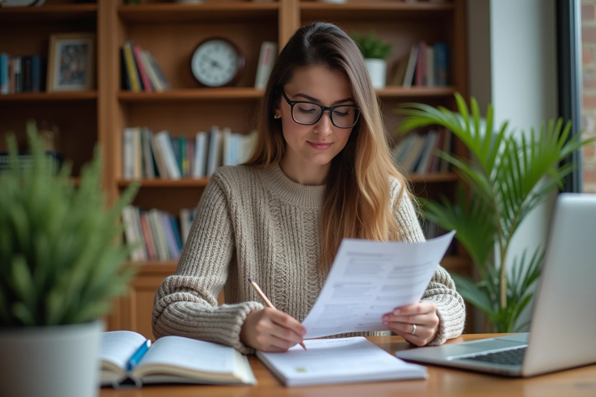 Femme en reconversion professionnelle étudiant pour la certification ACACED à son bureau à domicile