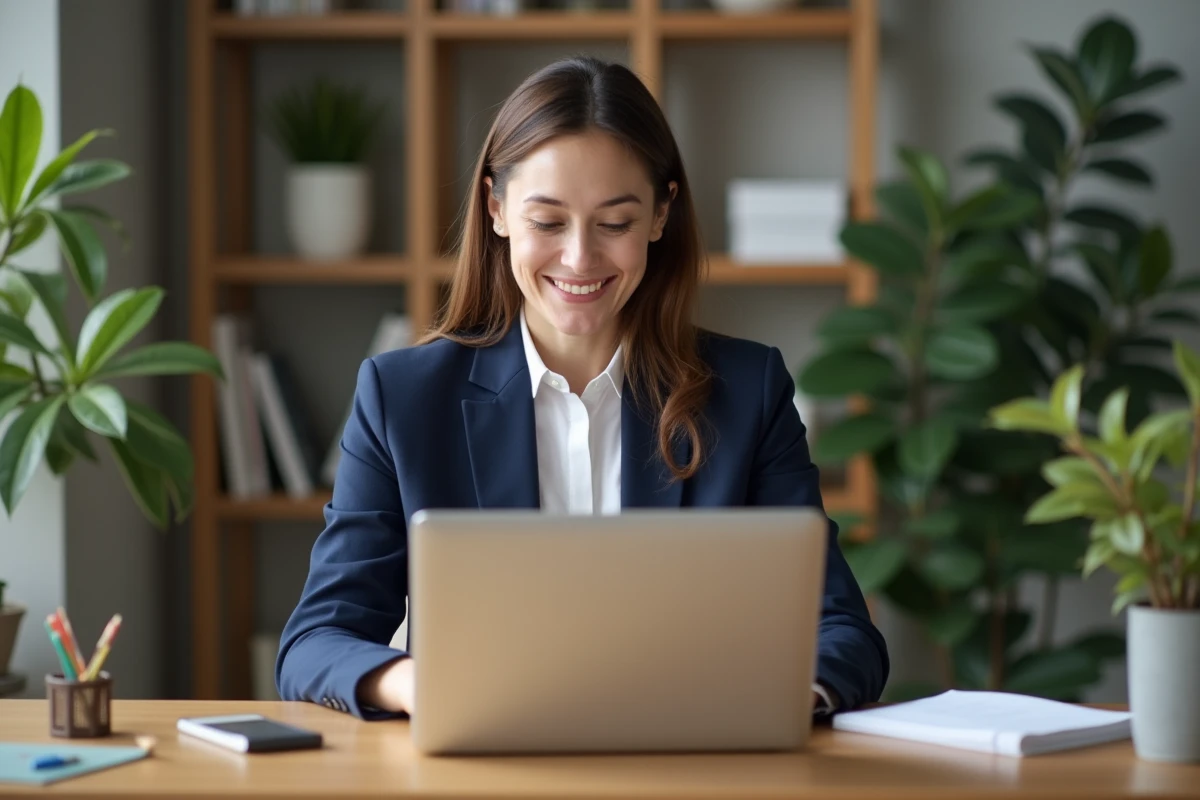 Femme adulte en reconversion professionnelle consultant le site choisir-formation.com sur un ordinateur portable dans un bureau à domicile