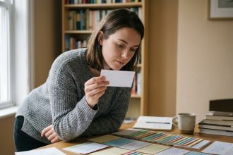 Jeune femme révisant avec des fiches cartonnées colorées sur un bureau en bois dans un espace de travail à domicile