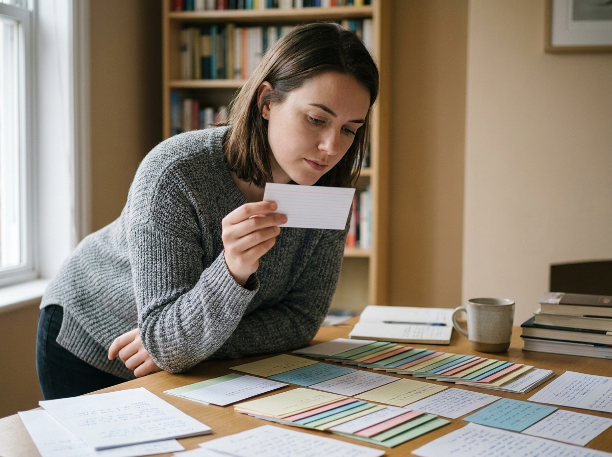 Jeune femme révisant avec des fiches cartonnées colorées sur un bureau en bois dans un espace de travail à domicile
