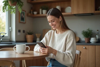 Femme souriante utilisant son smartphone dans une cuisine chaleureuse