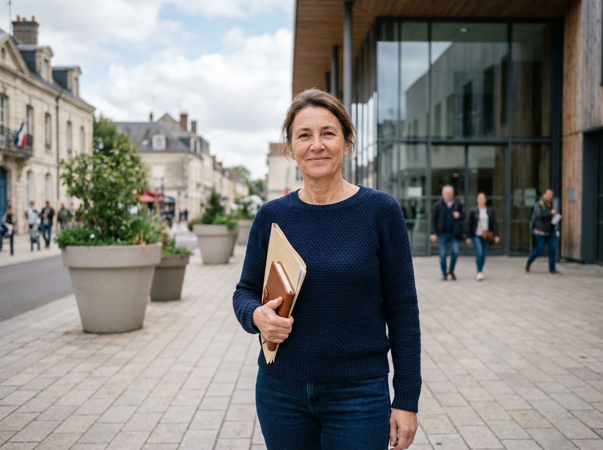 Femme souriante devant un bâtiment moderne à Compiègne