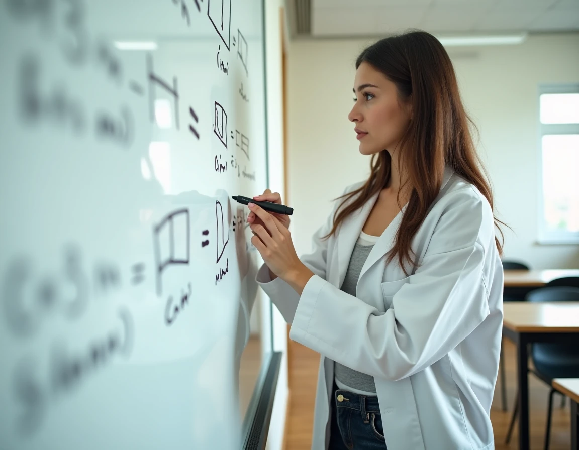 Femme devant un tableau blanc avec des schémas de cubes et des équations de conversion de volume en cm³ et m³