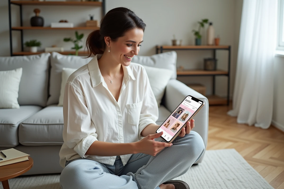 Femme consultant Canva sur tablette dans son salon pour harmoniser son feed Instagram avec une palette cohérente