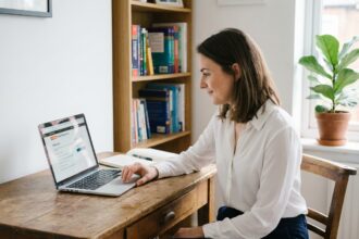 Jeune femme test d'anglais en ligne dans un bureau à domicile