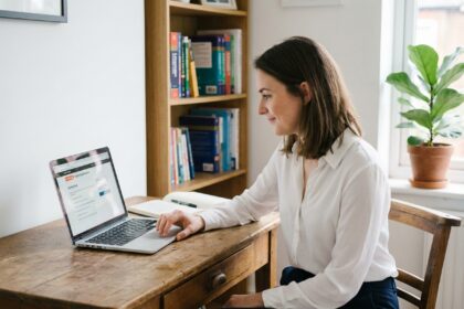 Jeune femme test d'anglais en ligne dans un bureau à domicile