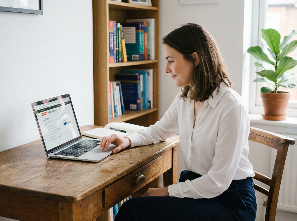 Jeune femme test d'anglais en ligne dans un bureau à domicile