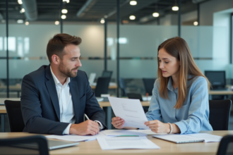 Femme en réunion de travail dans un bureau moderne