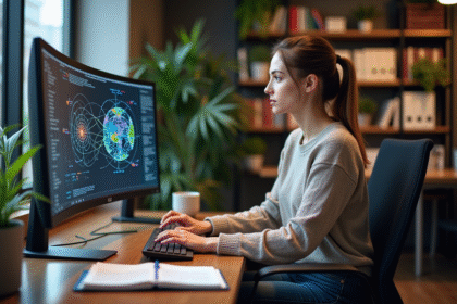 Jeune femme concentrée devant un écran de réseau neuronal