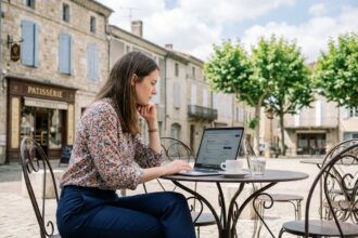 Jeune femme travaillant sur son ordinateur à Revel