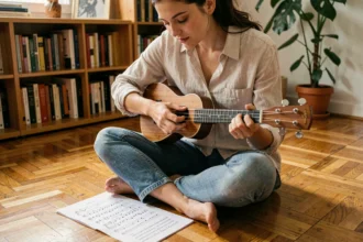 Jeune femme jouant du ukulélé en lisant une tablature française imprimée avec paroles sur le sol d'un appartement chaleureux